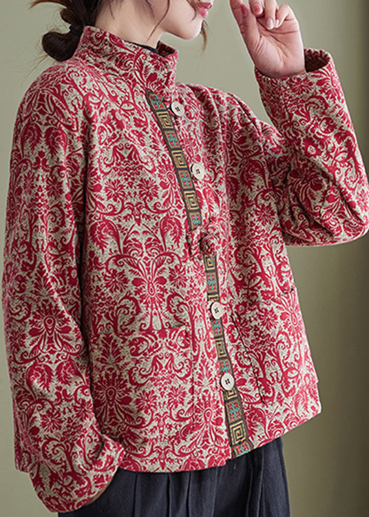 Elegant White-Crane Print Pockets Cotton Filled Parka Winter
