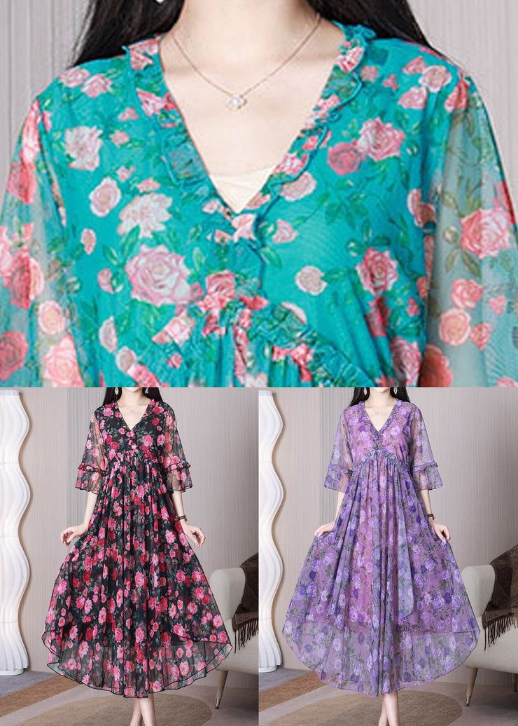 Elegant Red Print Ruffled Chiffon Long Dress Half Sleeve
