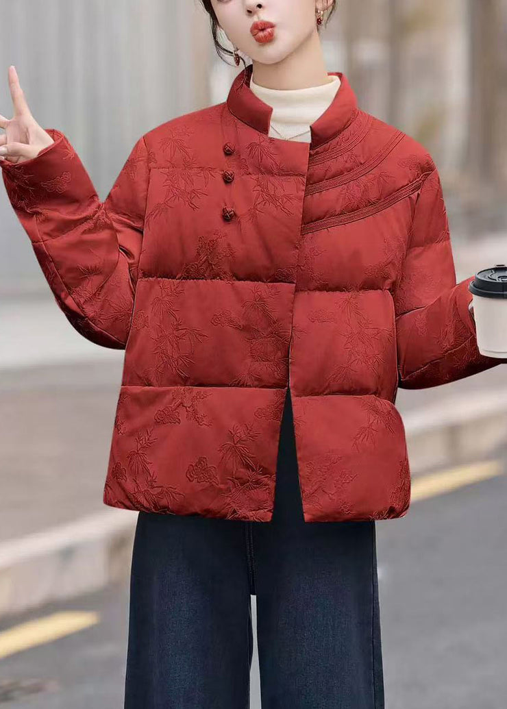 Elegant Red Stand Collar Jacquard Duck Down Puffers Jackets Winter