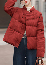 Elegant Red Stand Collar Jacquard Duck Down Puffers Jackets Winter