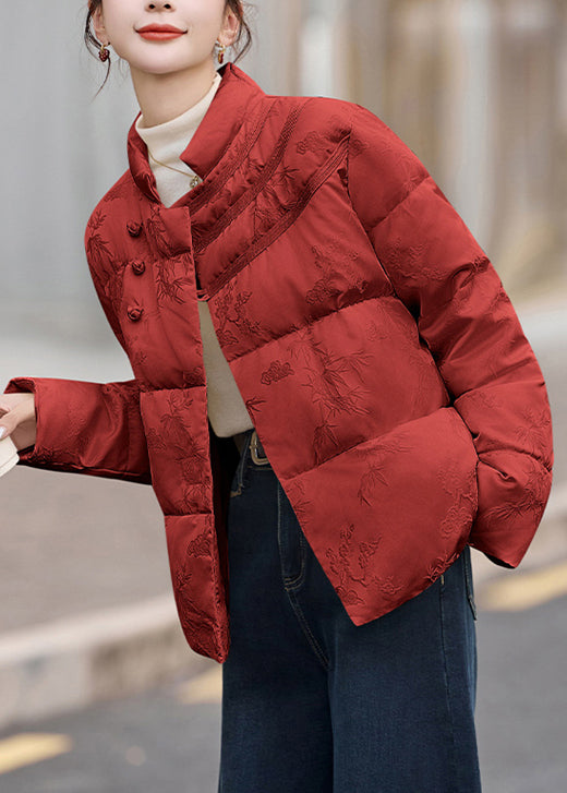 Elegant Red Stand Collar Jacquard Duck Down Puffers Jackets Winter
