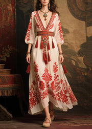 Elegant Red Tasseled Print Chiffon Dress Lantern Sleeve