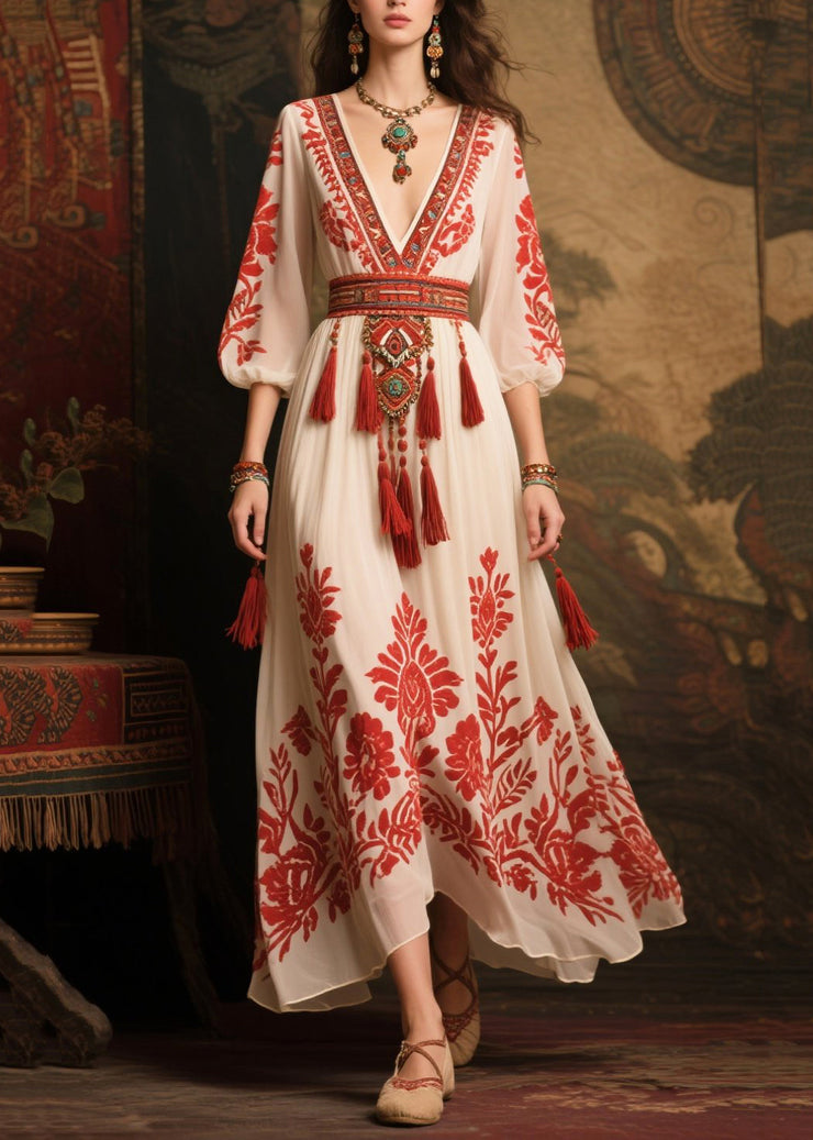 Elegant Red Tasseled Print Chiffon Dress Lantern Sleeve