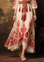 Elegant Red Tasseled Print Chiffon Dress Lantern Sleeve