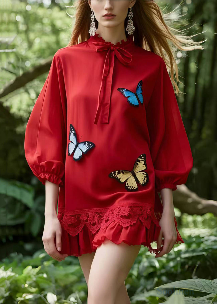 Elegant Red Tie Collar Butterfly Cotton Day Dress Summer