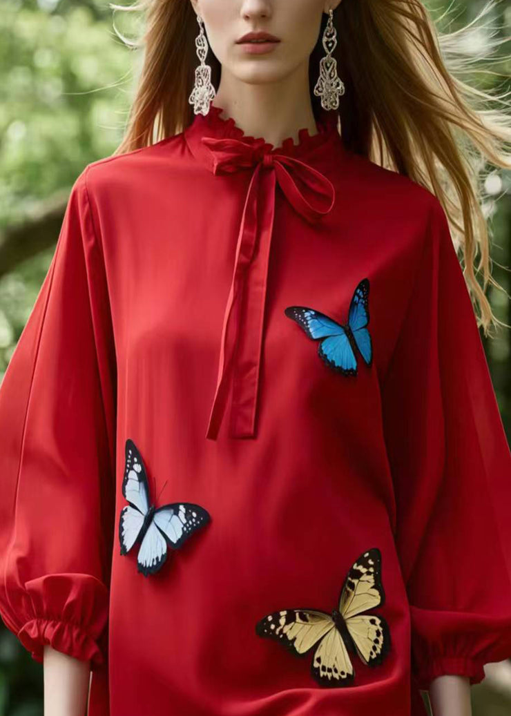 Elegant Red Tie Collar Butterfly Cotton Day Dress Summer