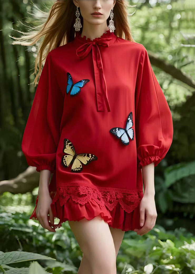 Elegant Red Tie Collar Butterfly Cotton Day Dress Summer