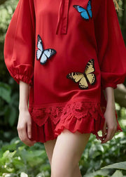 Elegant Red Tie Collar Butterfly Cotton Day Dress Summer