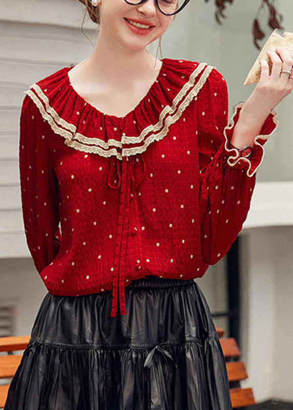 Elegant Red V Neck Dot Patchwork Tie Lace Shirt Fall