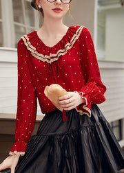 Elegant Red V Neck Dot Patchwork Tie Lace Shirt Fall