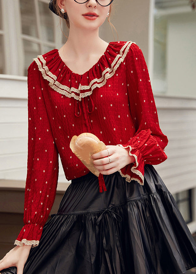 Elegant Red V Neck Dot Patchwork Tie Lace Shirt Fall