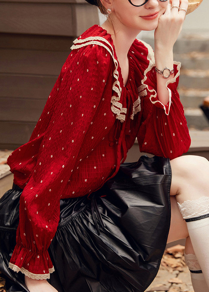 Elegant Red V Neck Dot Patchwork Tie Lace Shirt Fall