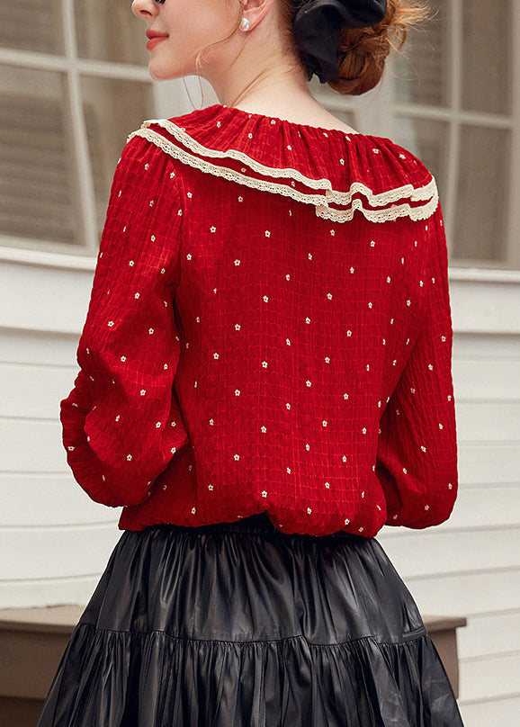 Elegant Red V Neck Dot Patchwork Tie Lace Shirt Fall