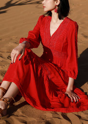 Elegant Red V Neck Embroidered Solid Cotton Long Dresses Bracelet Sleeve