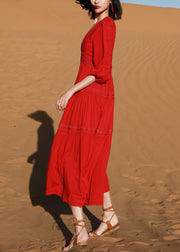 Elegant Red V Neck Embroidered Solid Cotton Long Dresses Bracelet Sleeve