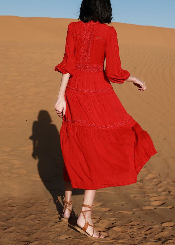 Elegant Red V Neck Embroidered Solid Cotton Long Dresses Bracelet Sleeve