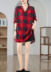Elegant Red V Neck Plaid Linen Mid Dresses Summer