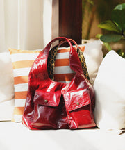 Elegant Red With Pockets Leopard Lined Faux Leather Shoulder Bags