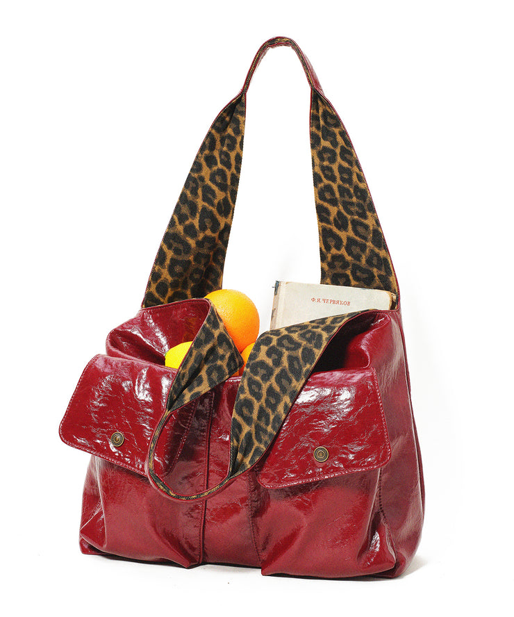 Elegant Red With Pockets Leopard Lined Faux Leather Shoulder Bags