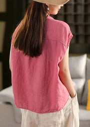 Elegant Rose V Neck Pocket Linen Tops Summer