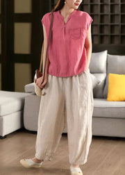 Elegant Rose V Neck Pocket Linen Tops Summer