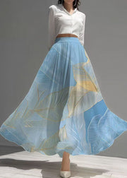 Elegant Sea Blue Leaf Print Chiffon Holiday Skirt Summer