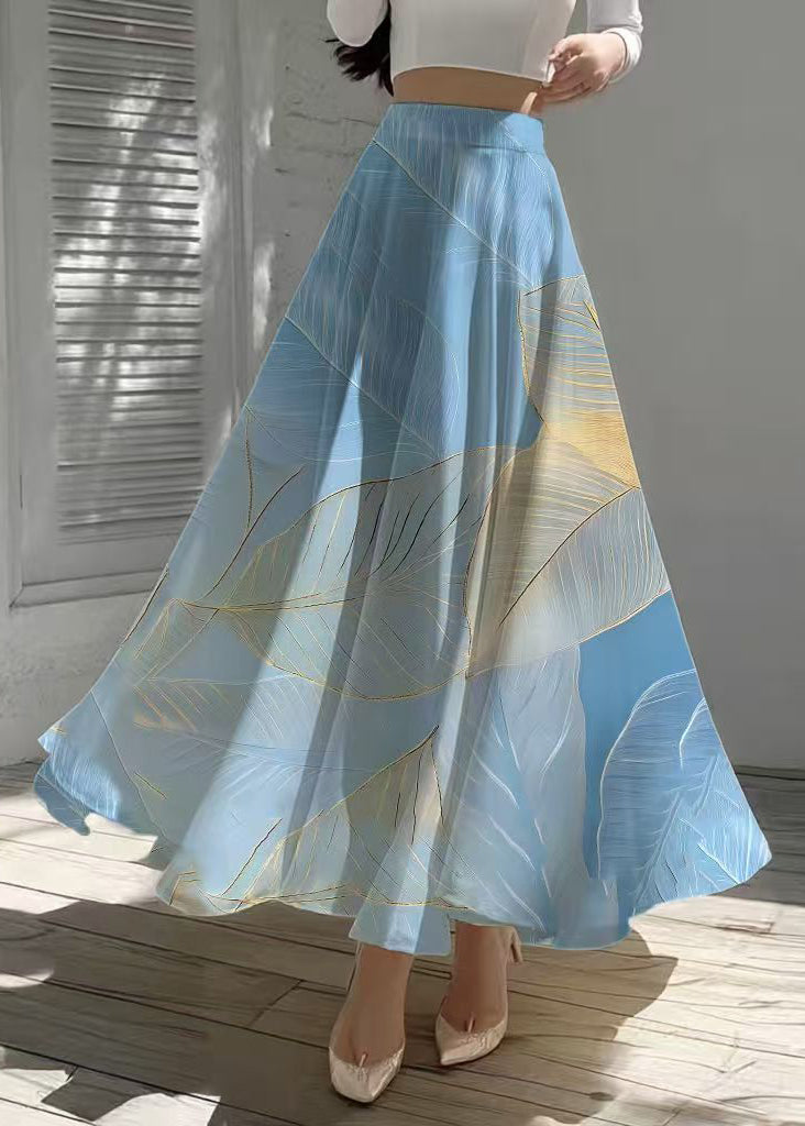 Elegant Sea Blue Leaf Print Chiffon Holiday Skirt Summer