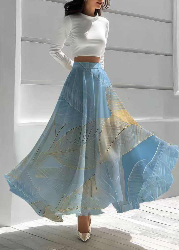 Elegant Sea Blue Leaf Print Chiffon Holiday Skirt Summer
