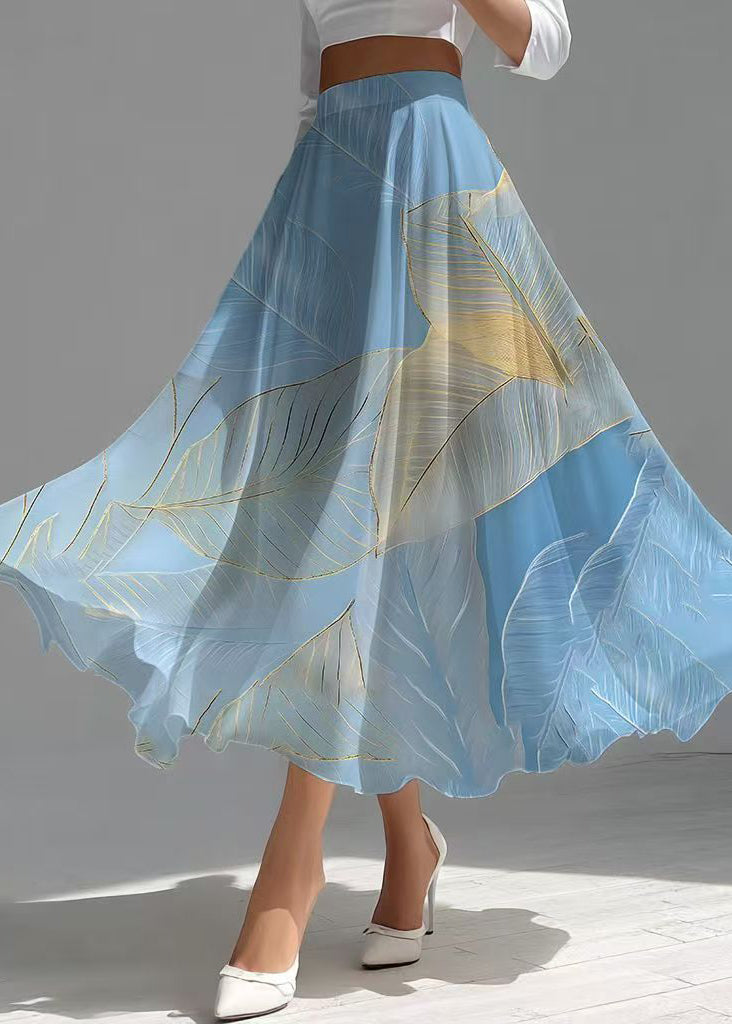 Elegant Sea Blue Leaf Print Chiffon Holiday Skirt Summer