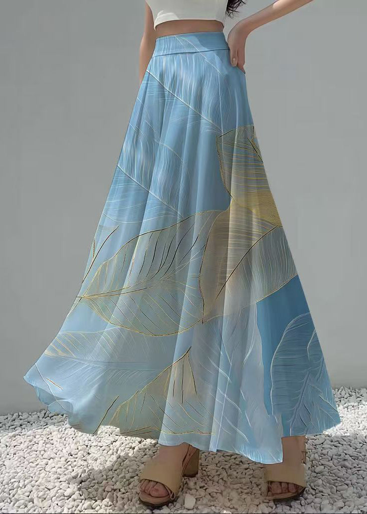 Elegant Sea Blue Leaf Print Chiffon Holiday Skirt Summer