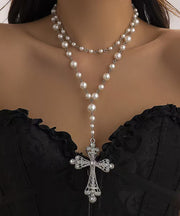 Elegant Silk Alloy Zircon Multilayer Pearl Cross Gratuated Bead Necklace