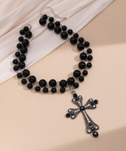Elegant Silk Alloy Zircon Multilayer Pearl Cross Gratuated Bead Necklace