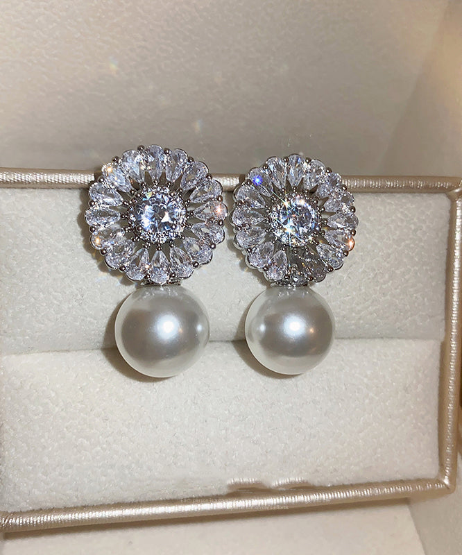 Elegant Silk Copper Zircon Pearl Drop Earrings