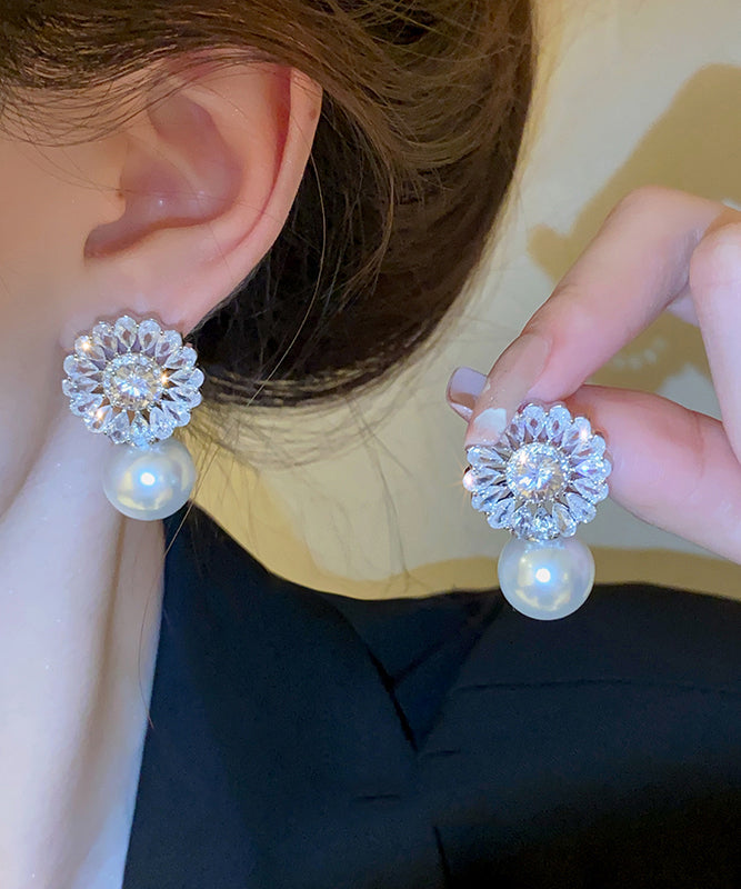 Elegant Silk Copper Zircon Pearl Drop Earrings