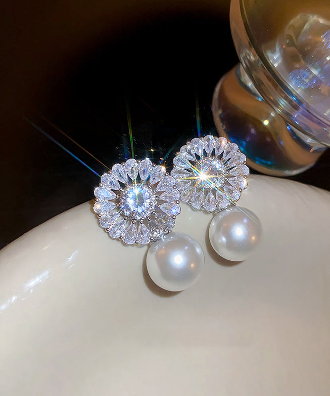 Elegant Silk Copper Zircon Pearl Drop Earrings