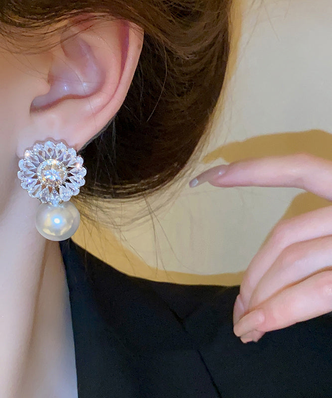 Elegant Silk Copper Zircon Pearl Drop Earrings