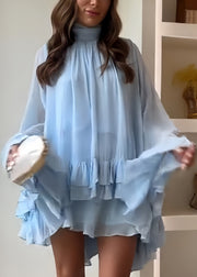 Elegant Sky Blue Button Wrinkled Chiffon Mini Dress Batwing Sleeve