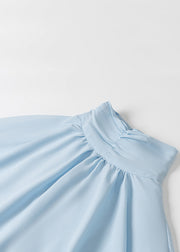 Elegant Sky Blue Button Wrinkled Chiffon Mini Dress Batwing Sleeve
