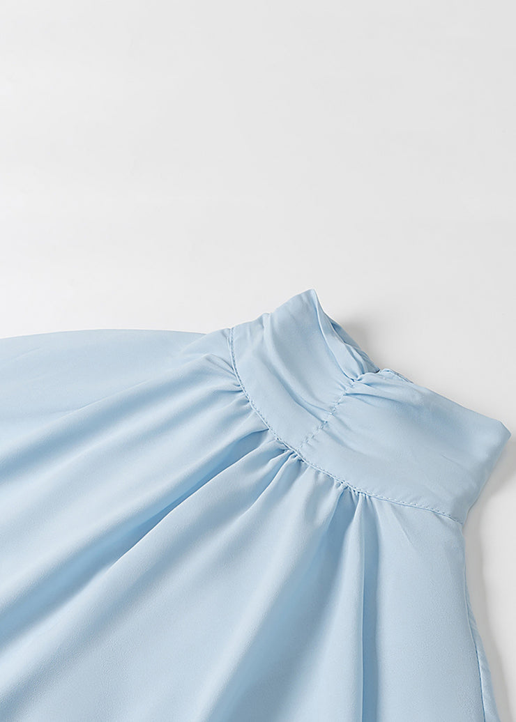 Elegant Sky Blue Button Wrinkled Chiffon Mini Dress Batwing Sleeve