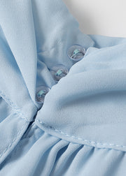 Elegant Sky Blue Button Wrinkled Chiffon Mini Dress Batwing Sleeve