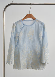 Elegant Sky Blue Embroidered Cotton Tops Fall