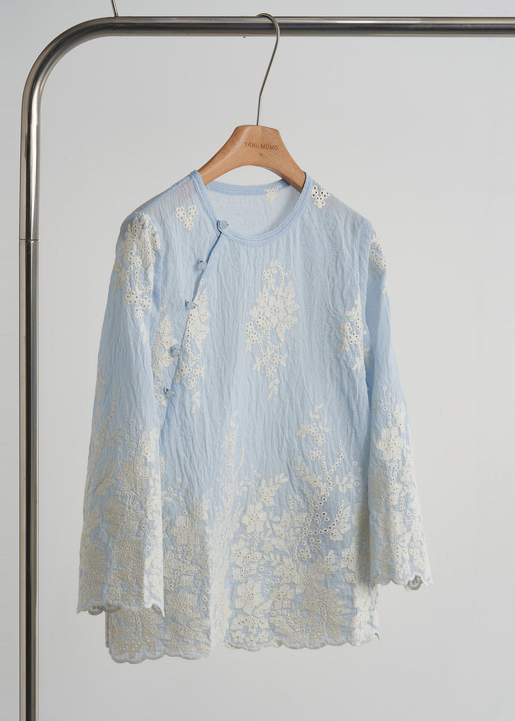 Elegant Sky Blue Embroidered Cotton Tops Fall