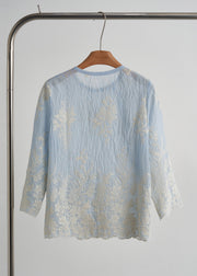 Elegant Sky Blue Embroidered Cotton Tops Fall