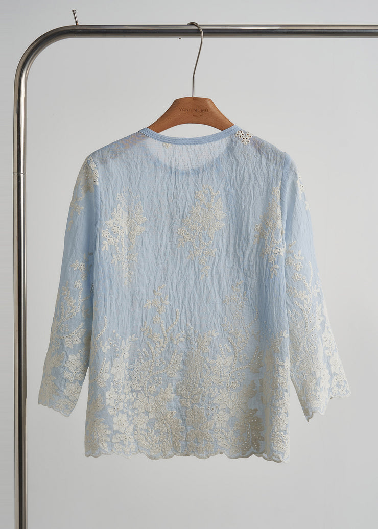 Elegant Sky Blue Embroidered Cotton Tops Fall