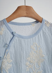Elegant Sky Blue Embroidered Cotton Tops Fall