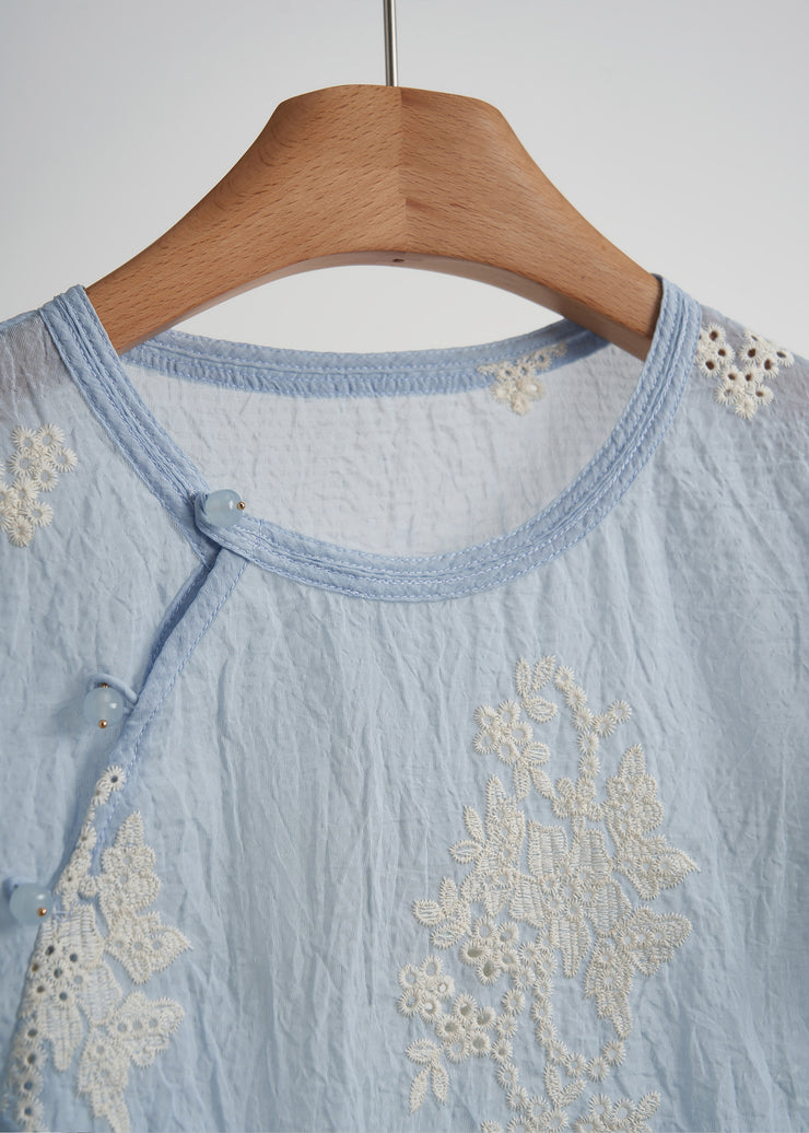 Elegant Sky Blue Embroidered Cotton Tops Fall
