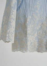 Elegant Sky Blue Embroidered Cotton Tops Fall