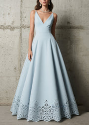 Elegant Sky Blue Exra Large Hem Hollow Out Spandex Party Dress Summer