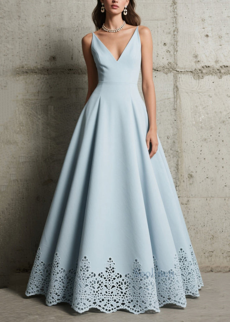 Elegant Sky Blue Exra Large Hem Hollow Out Spandex Party Dress Summer