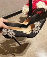 Elegant Splicing Stiletto High Heels Pointed Toe Black Satin Zircon
